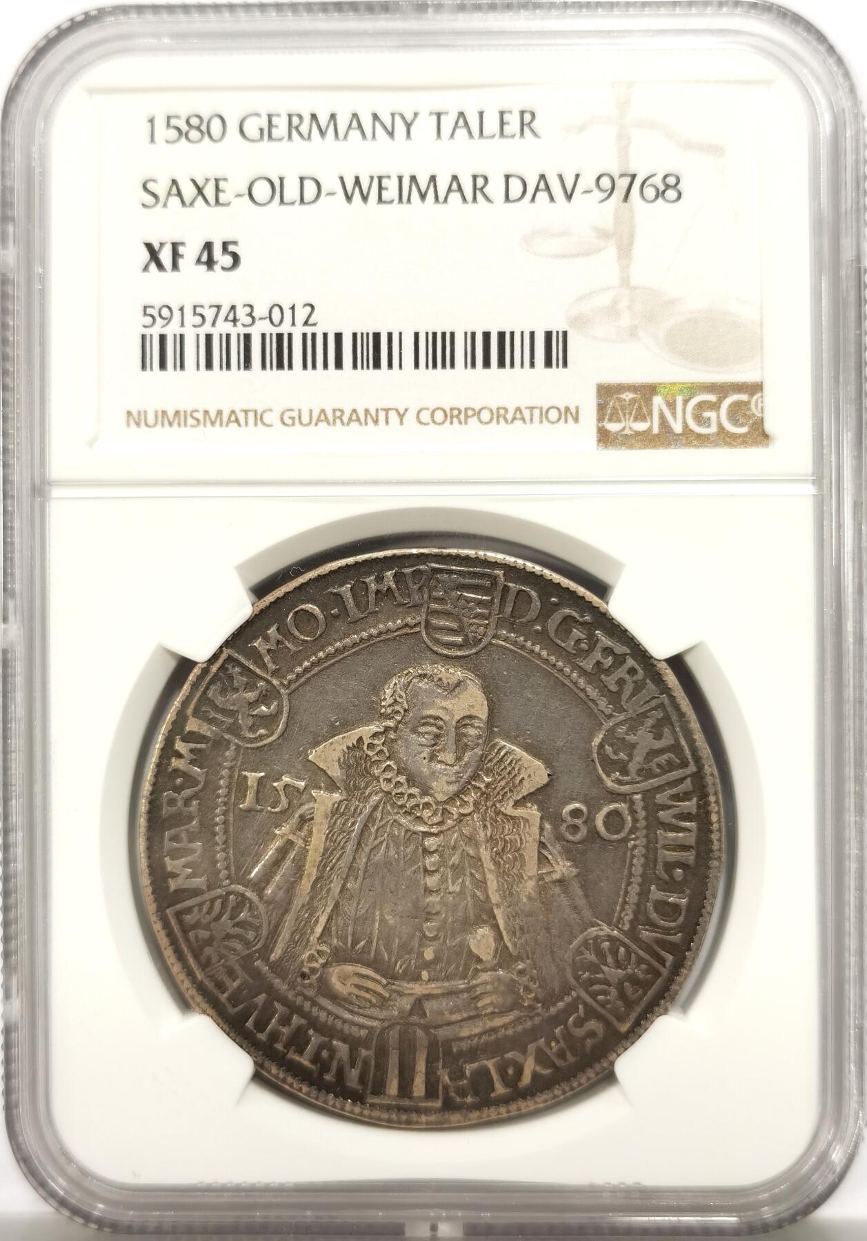 博洋堂世界钱币拍卖第147期（全场包邮） NGC XF45 德国萨克森1580年老魏玛弗里德里希-威廉和约翰双人像1泰勒大银币。极其罕见的品种，N、P双料唯一冠军分数。有纪年的最早期萨克森-魏玛泰勒大银币之一（1573年始），近500年的历史能有如今这种细节和状态堪称奇迹。