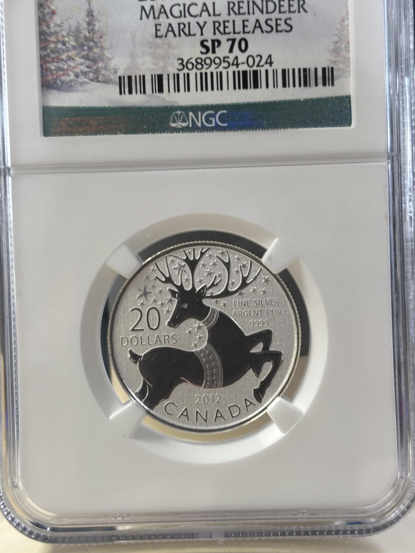 第182期拍卖 加拿大2012年20换20系列圣诞节驯鹿银币NGC-SP70，1/4盎司，9999银