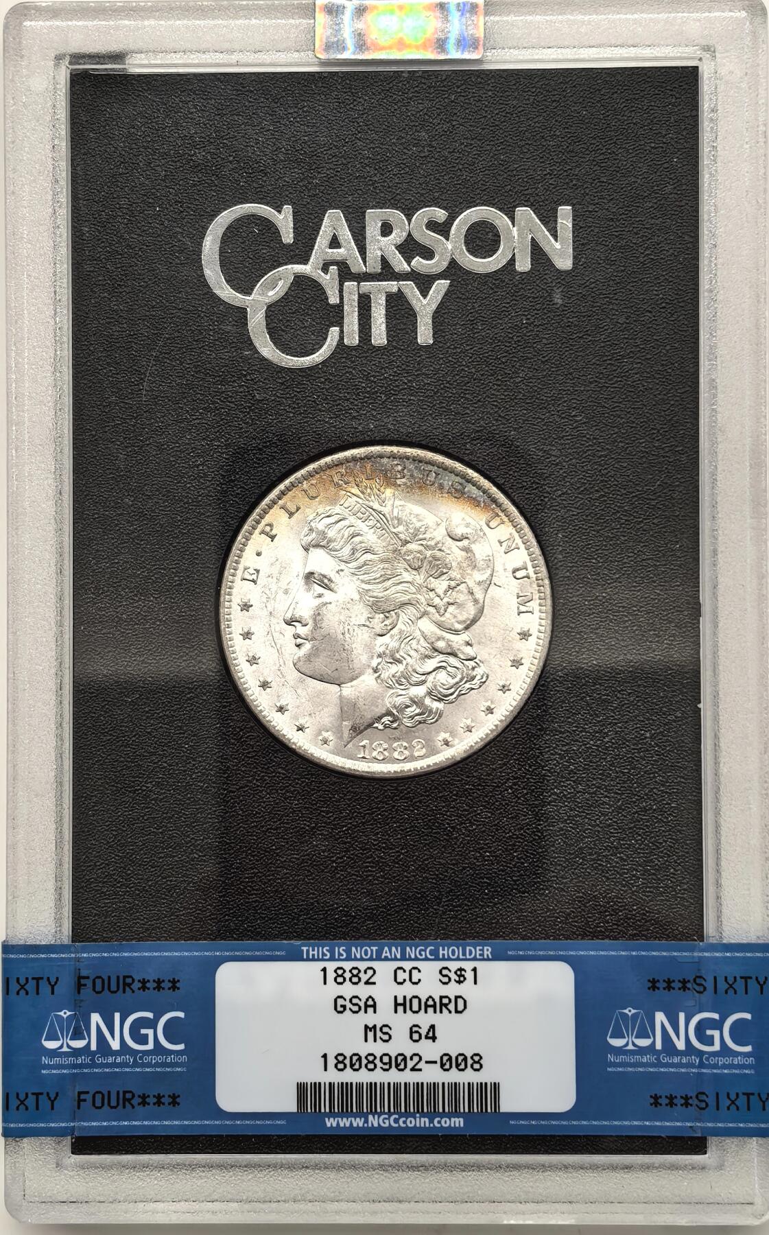 博洋堂藏家专场系列之美国钱币白金之夜专场暨第148期（全场包邮） NGC MS64 美国1882 CC 摩根 卡森厂 GSA大封装 人像面月牙形彩虹包浆 高分难得 十字转光