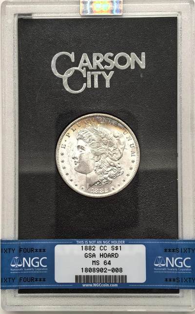 博洋堂藏家专场系列之美国钱币白金之夜专场暨第148期（全场包邮） - NGC MS64 美国1882 CC 摩根 卡森厂 GSA大封装 人像面月牙形彩虹包浆 高分难得 十字转光
