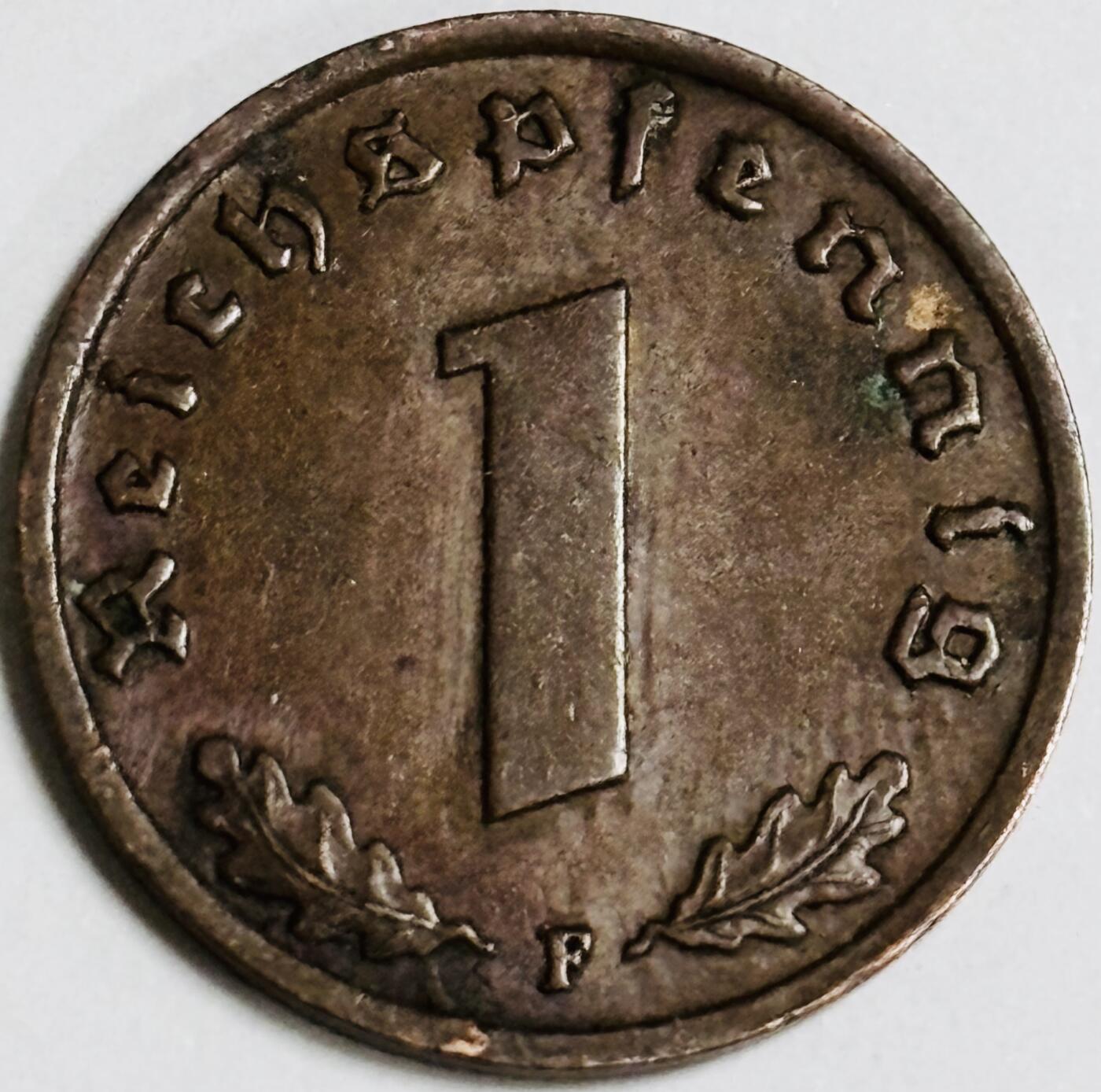 文馨钱币收藏第 282 场，【 长期接收代拍品】，加拿大老铜代用币，银币，德三系列场 极美品 1937 年德三帝国 1 芬尼铜币 F 标