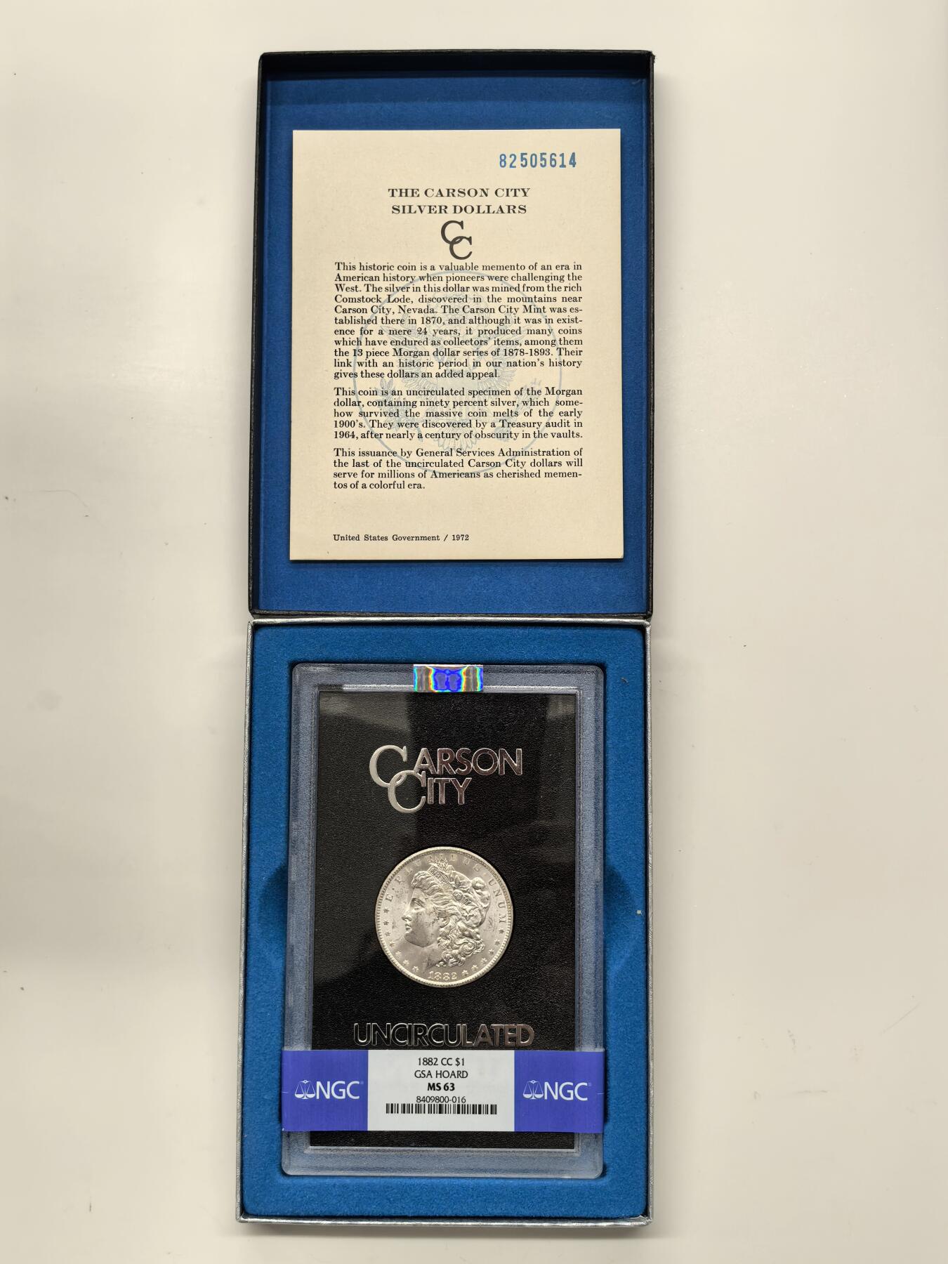 博洋堂藏家专场系列之美国钱币白金之夜专场暨第148期（全场包邮） NGC MS63 美国1882 CC 摩根 卡森厂 GSA大封装 附原盒及证书 高分难得 十字转光
