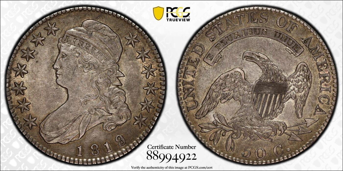 博洋堂藏家专场系列之美国钱币白金之夜专场暨第148期（全场包邮） PCGS AU53 美国1819年自由帽女神50分银币 国内难得一见 麦稀奇所见该品种最高分 200多年极美传世包浆 收藏一步到位