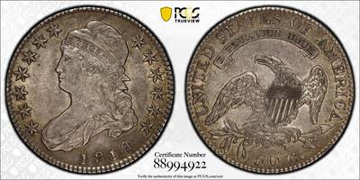 博洋堂藏家专场系列之美国钱币白金之夜专场暨第148期（全场包邮） - PCGS AU53 美国1819年自由帽女神50分银币 国内难得一见 麦稀奇所见该品种最高分 200多年极美传世包浆 收藏一步到位