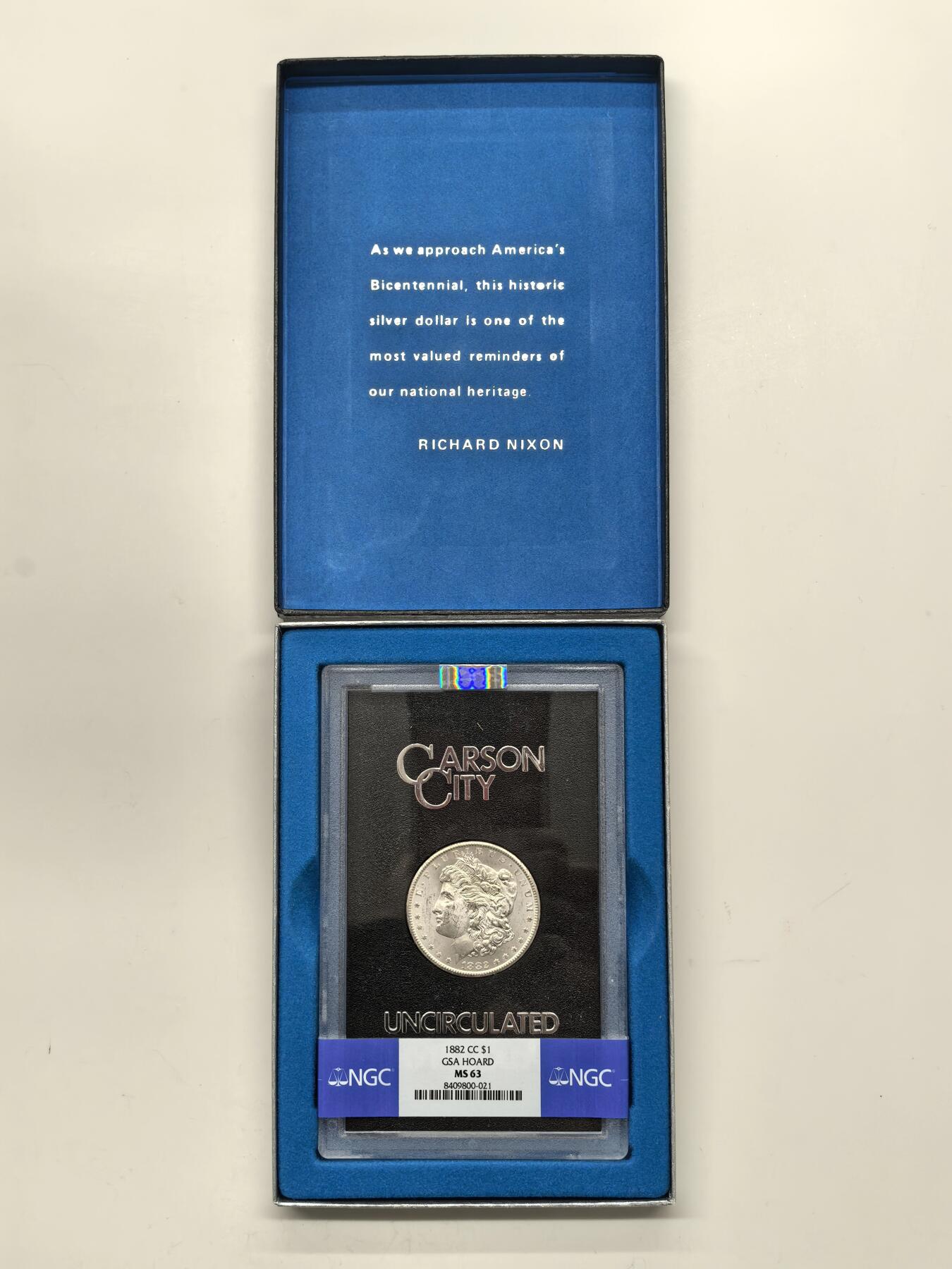 博洋堂藏家专场系列之美国钱币白金之夜专场暨第148期（全场包邮） NGC MS63 美国1882 CC 摩根 卡森厂 GSA大封装 附原盒及证书 高分难得 十字转光