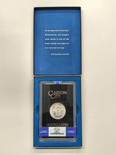 博洋堂藏家专场系列之美国钱币白金之夜专场暨第148期（全场包邮） - NGC MS63 美国1882 CC 摩根 卡森厂 GSA大封装 附原盒及证书 高分难得 十字转光