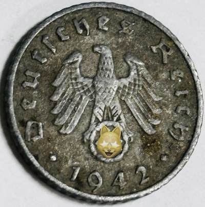 文馨钱币收藏第 282 场，【 长期接收代拍品】，加拿大老铜代用币，银币，德三系列场 - 极美品 1942 年德三帝国 5 芬尼锌币 A 标，锌币保存不错，收藏不错