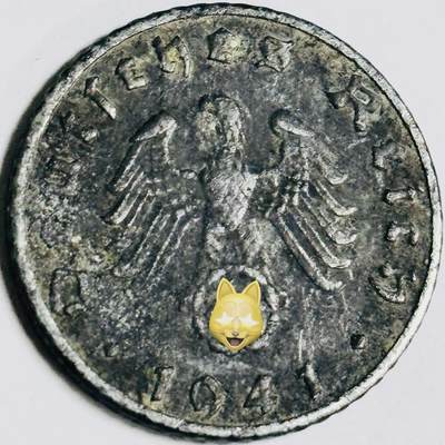 文馨钱币收藏第 282 场，【 长期接收代拍品】，加拿大老铜代用币，银币，德三系列场 - 极美品 1941 年德三帝国 5 芬尼锌币 B 标，锌币保存不易，品相佳，收藏不错