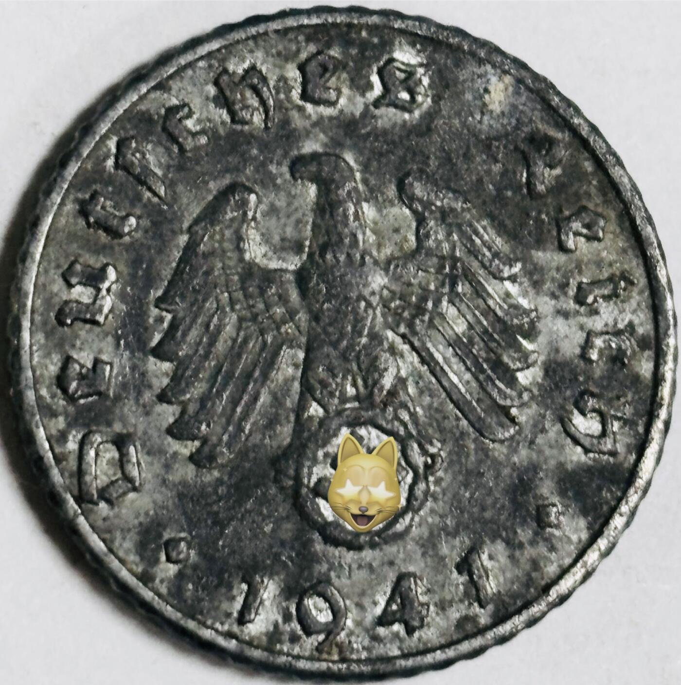 文馨钱币收藏第 282 场，【 长期接收代拍品】，加拿大老铜代用币，银币，德三系列场 极美品 1941 年德三帝国 5 芬尼锌币 A 标，锌币保存不易，品相佳，收藏不错