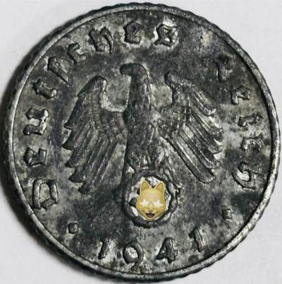 文馨钱币收藏第 282 场，【 长期接收代拍品】，加拿大老铜代用币，银币，德三系列场 - 极美品 1941 年德三帝国 5 芬尼锌币 A 标，锌币保存不易，品相佳，收藏不错