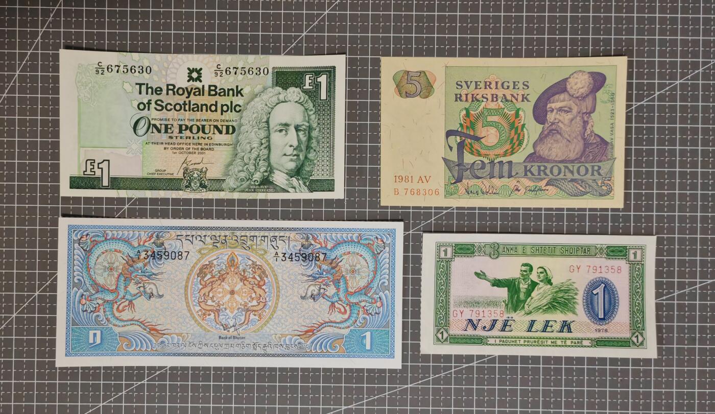 【礼羽收藏】🌏世界钱币拍卖第113期 （一组四张）苏格兰1、瑞典5、阿尔巴尼亚1、不丹1，全部UNC