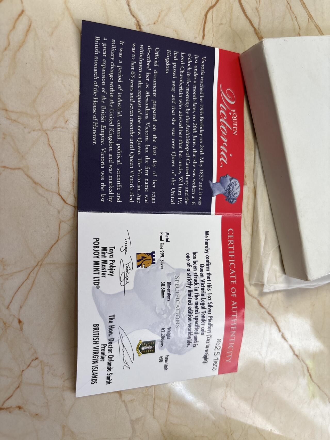 第182期拍卖 维尔京2017年维多利亚女王2盎司超高浮雕加厚银币，999银，发行量650枚