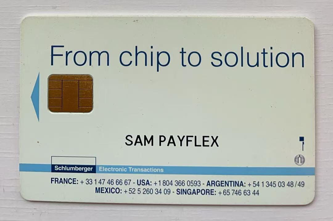 《卡拍》第340期拍卖11月22日晚22：10时延时截拍 斯伦贝榭《母婴图》IC测试卡加字“SAM PAYFLEX”，电子钱包支付功能测试卡/演示卡，有流通磨划痕迹。