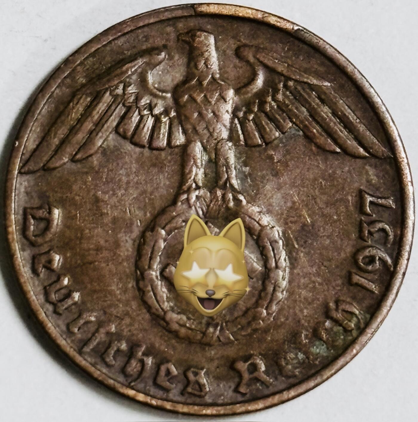 文馨钱币收藏第 282 场，【 长期接收代拍品】，加拿大老铜代用币，银币，德三系列场 极美品 1937 年德三帝国 1 芬尼铜币 A 标