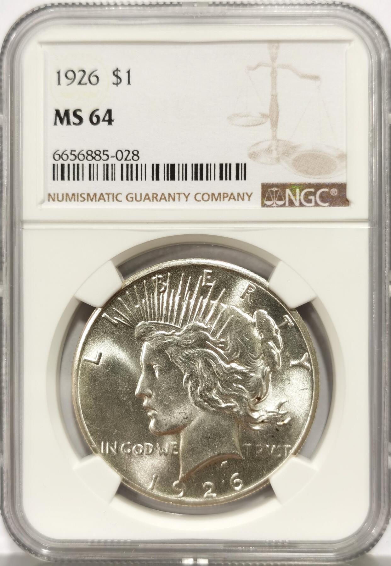 博洋堂世界钱币拍卖第147期（全场包邮） NGC MS64 美国1926年和平银币 特年品种，数量非常少，从数据库中看几乎是常见那几个年份1/15左右的量。此枚强车轮光底板极其出色，可以称得上是严重低评的一枚