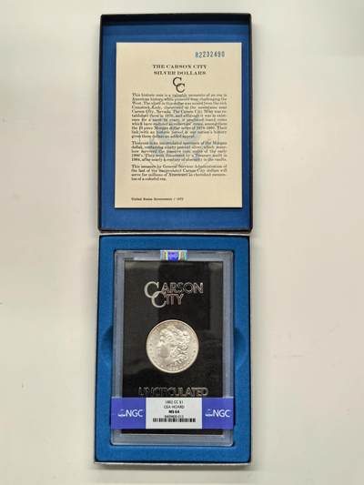博洋堂藏家专场系列之美国钱币白金之夜专场暨第148期（全场包邮） - NGC MS64 美国1882 CC 摩根 卡森厂 附原盒及证书 GSA大封装 高分难得 十字转光