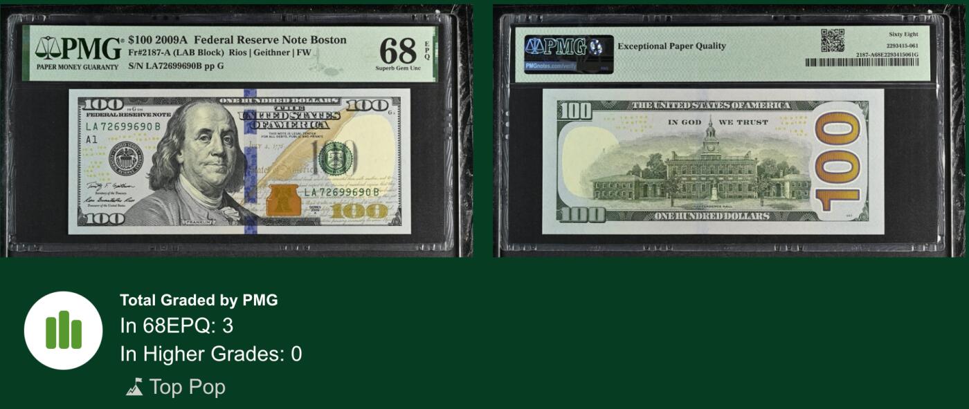 《艾美收藏》第221期-11.23周日黄金场精品荟萃 美国100美元 PMG68E 2009年 首发 无4 冠军分