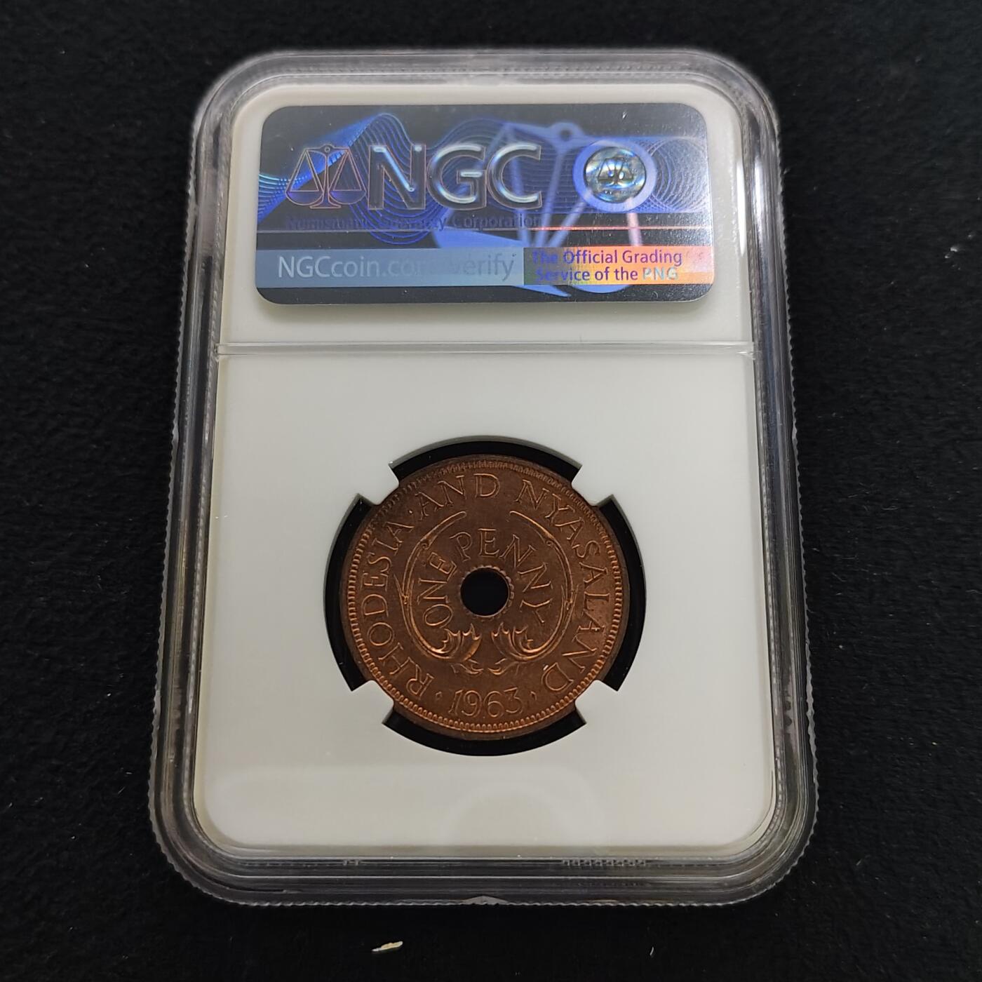 【全场包邮】纯粹捡漏拍481场（免费代拍第18场） 【收藏级】英属罗德西亚和尼亚萨兰1963年1便士大铜币-NGC MS65 RB