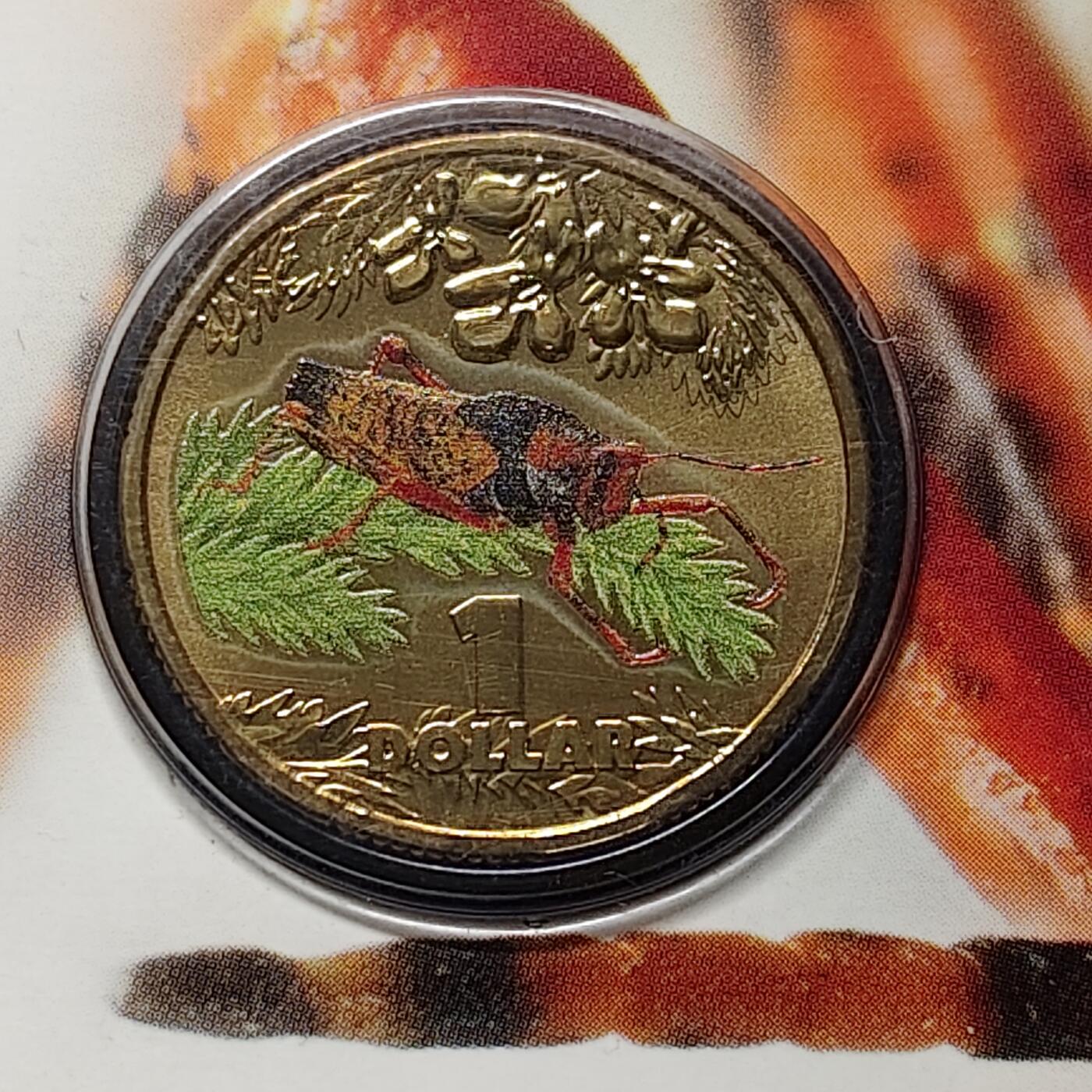 【全场包邮】纯粹捡漏拍480场（免费代拍第17场） 澳大利亚2014年1元彩色昆虫系列莱奇哈特蚱蜢官方卡装彩色纪念币