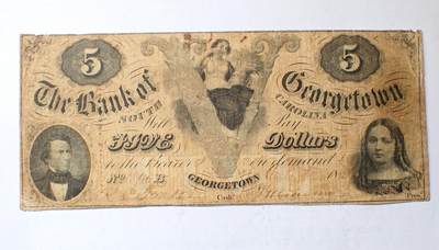 古楚泉社世界钱币专场NO.1 - 美国19世纪南卡罗来纳洲乔治敦银行5美元纸币
