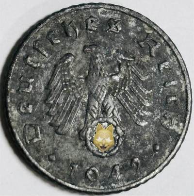 文馨钱币收藏第 282 场，【 长期接收代拍品】，加拿大老铜代用币，银币，德三系列场 - 极美品 1942 年德三帝国 5 芬尼锌币 A 标，锌币保存不错，收藏不错