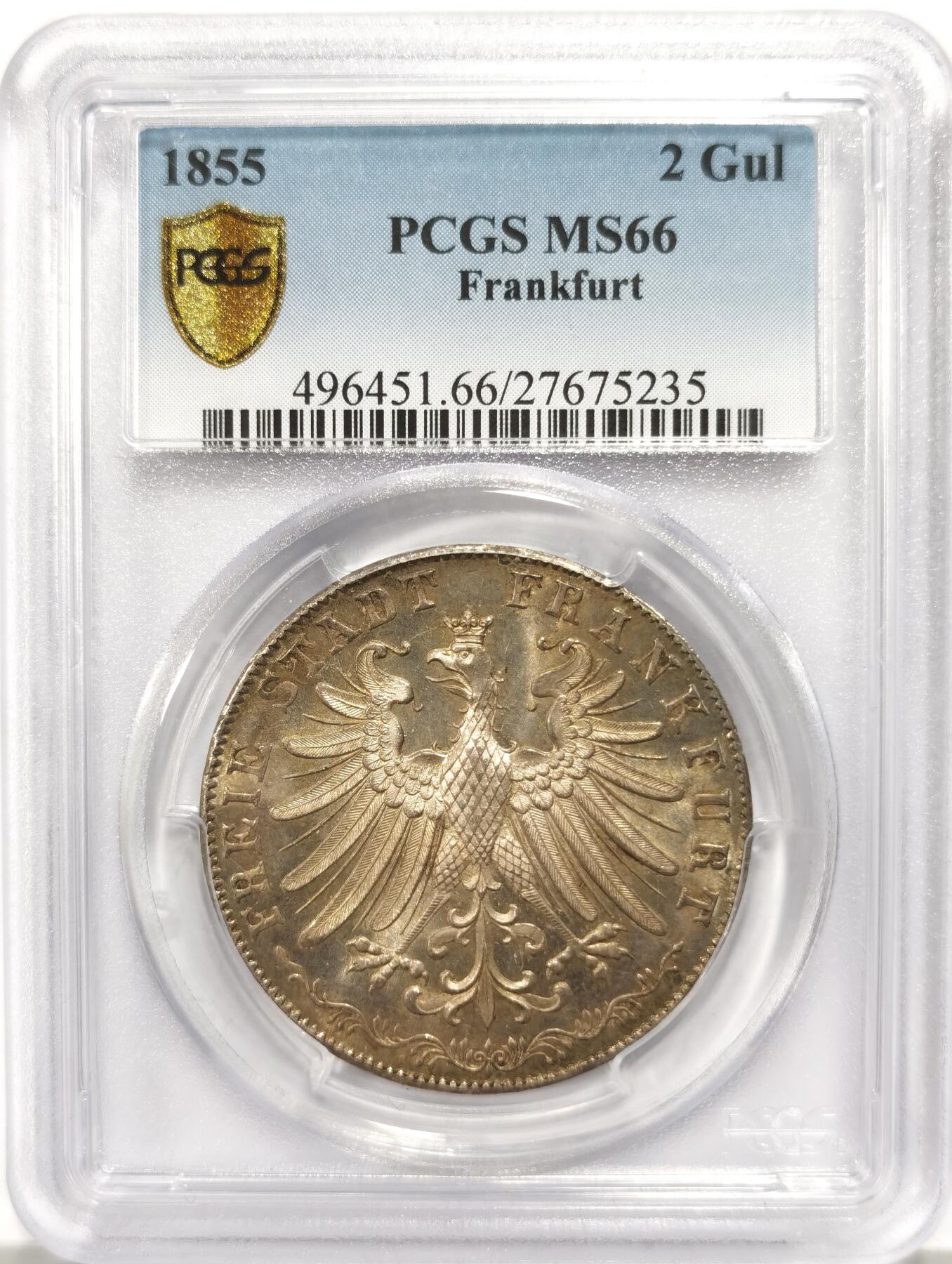 博洋堂世界钱币拍卖第147期（全场包邮） PCGS MS66 1855年德国法兰克福纪念宗教和平300周年纪念2盾银币，天花板级别的分数，超级高分，两面均匀欧洲包浆，些许镜面效果状态极为出色，两周前同品种65PL拍了接近12000，此枚分数更高值得藏家重点关注
