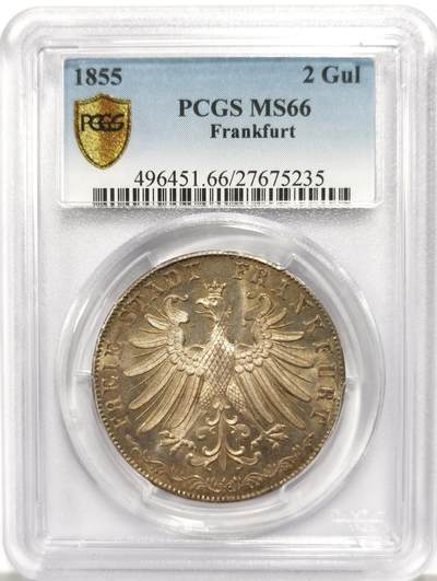 博洋堂世界钱币拍卖第147期（全场包邮） - PCGS MS66 1855年德国法兰克福纪念宗教和平300周年纪念2盾银币，天花板级别的分数，超级高分，两面均匀欧洲包浆，些许镜面效果状态极为出色，两周前同品种65PL拍了接近12000，此枚分数更高值得藏家重点关注