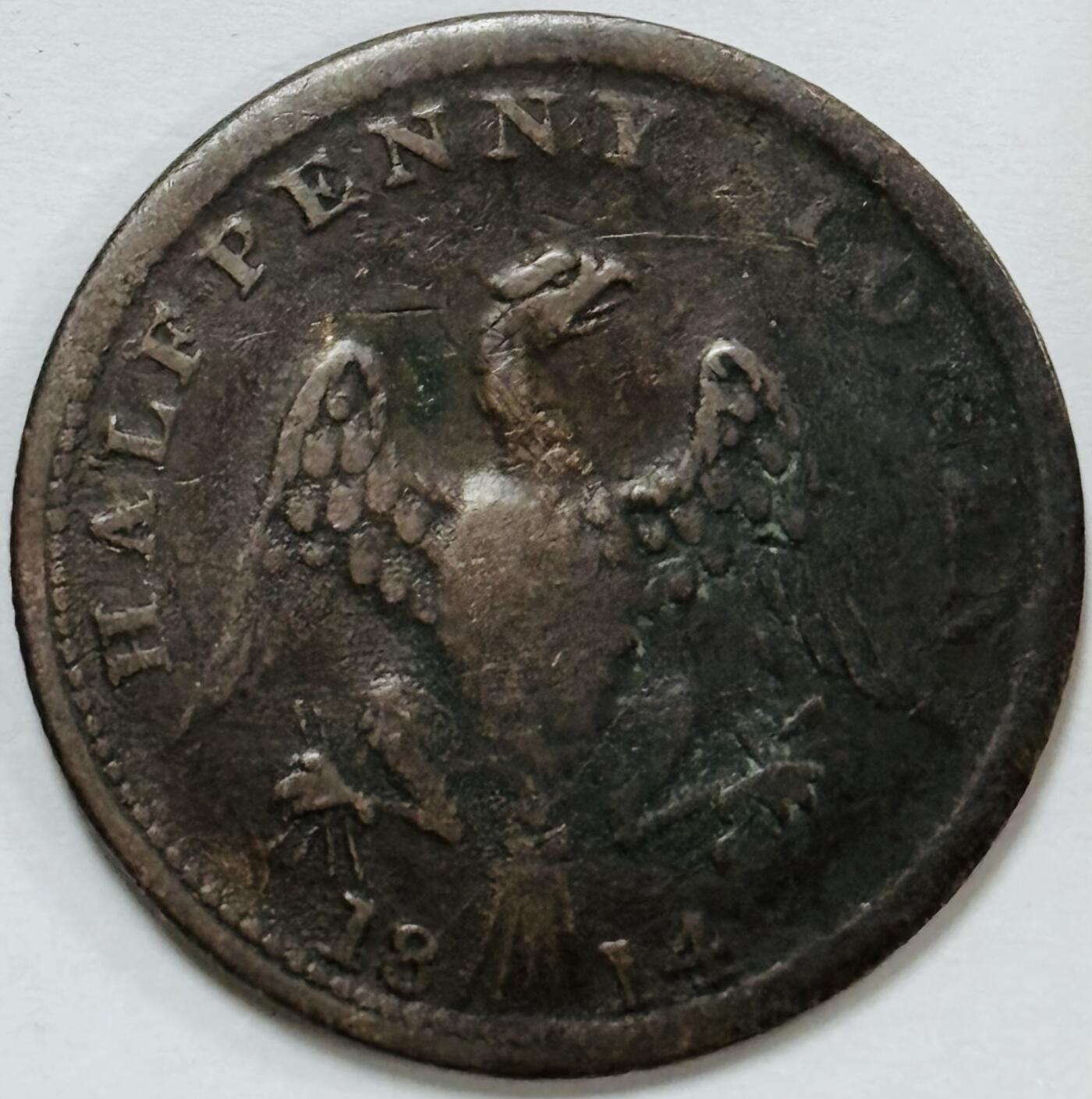 文馨钱币收藏第 282 场，【 长期接收代拍品】，加拿大老铜代用币，银币，德三系列场 稀少极美品 1814 年英国乔治三世时期半便士代用老铜币，鹰爪羽翼清晰，人物细节还不错