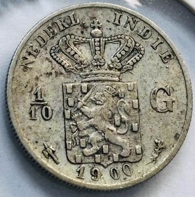 文馨钱币收藏第 282 场，【 长期接收代拍品】，加拿大老铜代用币，银币，德三系列场 - 稀少极美品 1900 年荷属东印度 1/10 盾银币，第一版 720 银