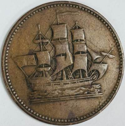 文馨钱币收藏第 282 场，【 长期接收代拍品】，加拿大老铜代用币，银币，德三系列场 - 稀少极美品爱德化王子岛殖民给船运贸易一分铜代用币