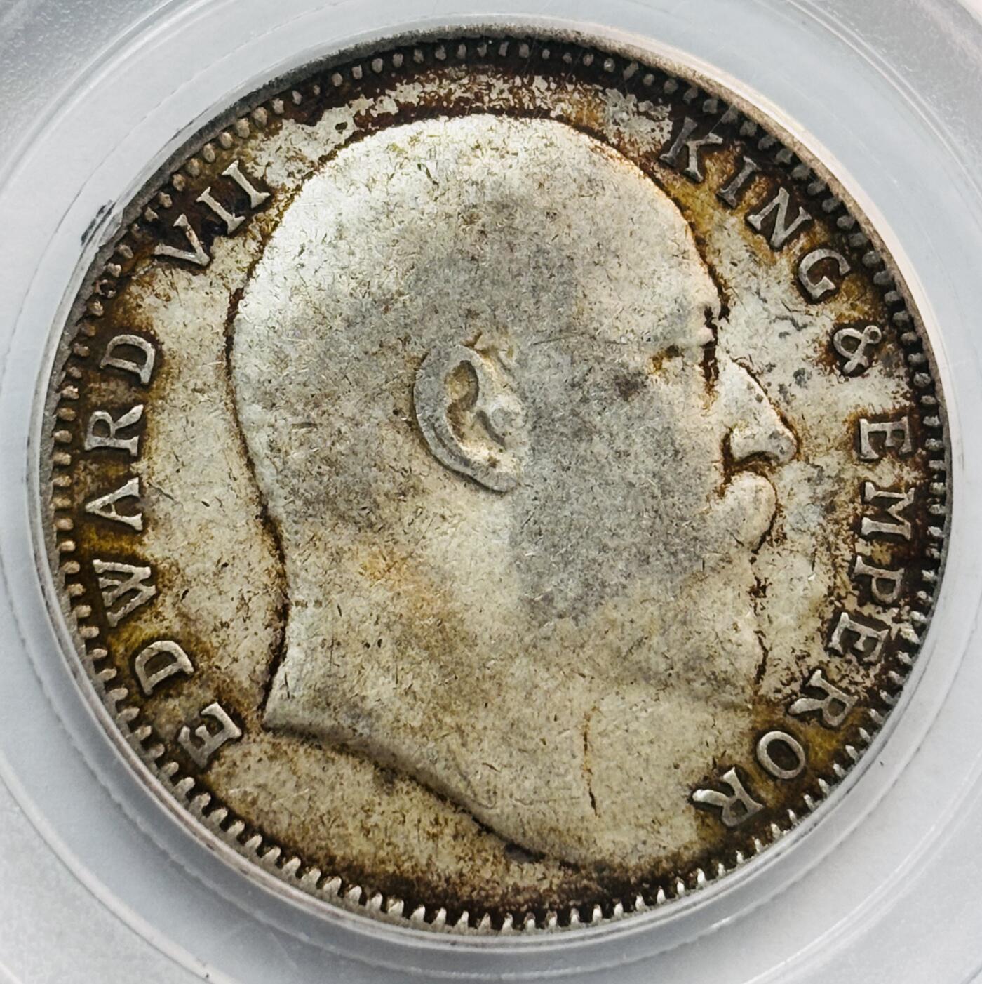 文馨钱币收藏第 282 场，【 长期接收代拍品】，加拿大老铜代用币，银币，德三系列场 公博评级 AU50 分，1906 年英属印度爱德华七世 1 卢比银币，917 高银