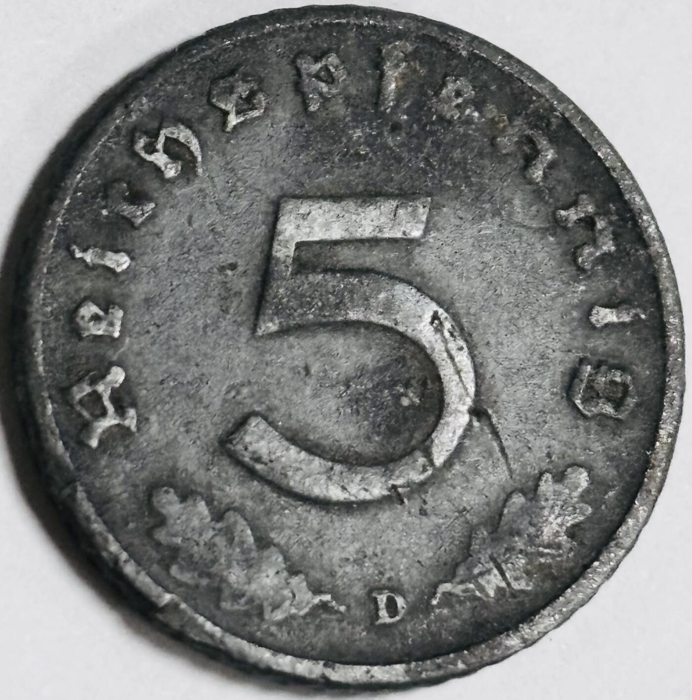 文馨钱币收藏第 282 场，【 长期接收代拍品】，加拿大老铜代用币，银币，德三系列场 极美品 1941 年德三帝国 5 芬尼锌币 D 标，锌币保存不错，收藏不错