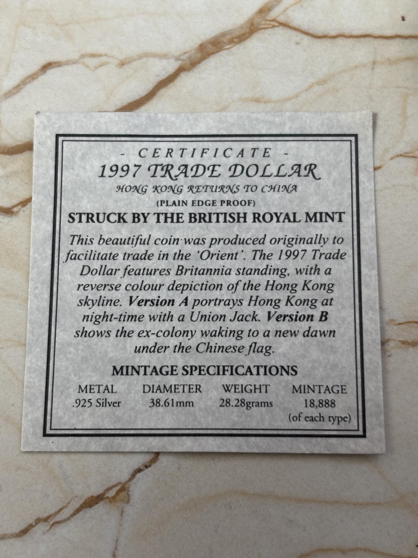 第182期拍卖 英国1997年香港回归彩色纪念银币，925银，28.1克，有氧化