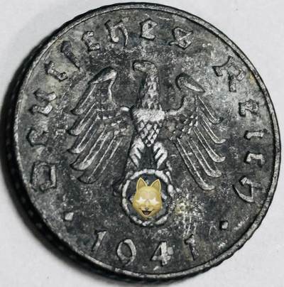 文馨钱币收藏第 282 场，【 长期接收代拍品】，加拿大老铜代用币，银币，德三系列场 - 极美品 1941 年德三帝国 5 芬尼锌币 B 标，锌币保存不错，收藏不错