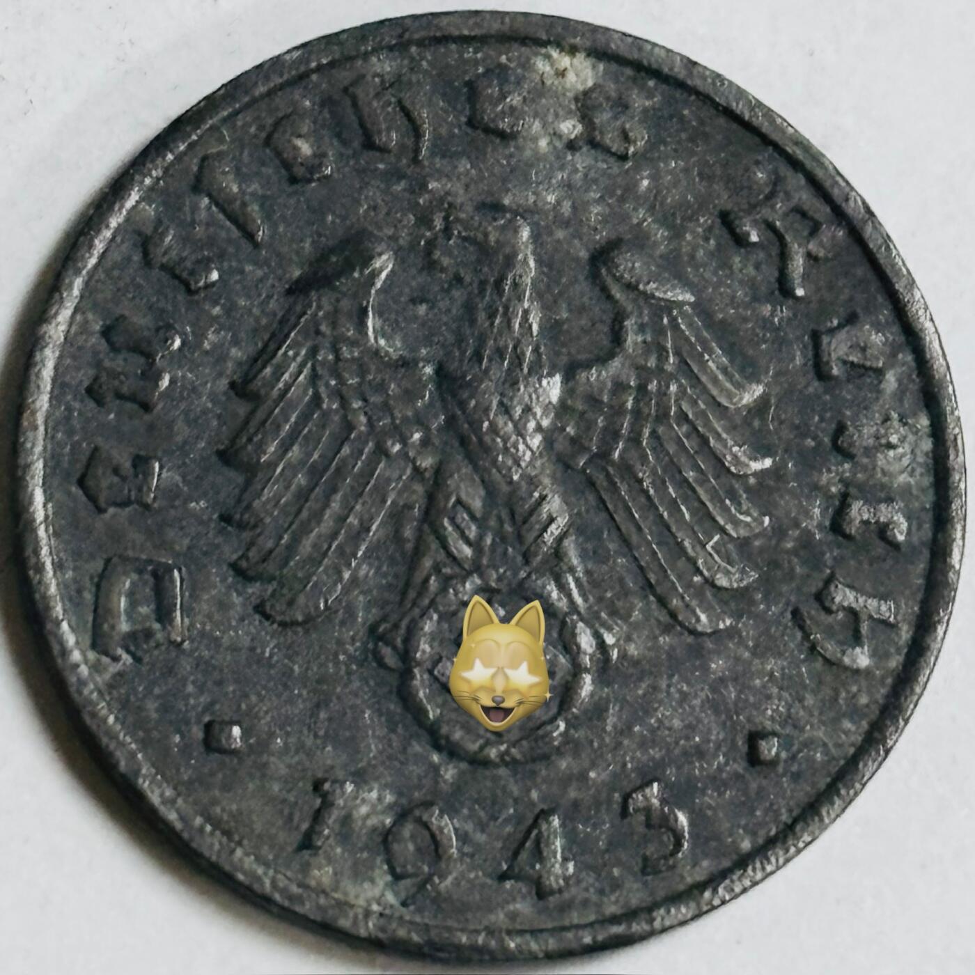 文馨钱币收藏第 282 场，【 长期接收代拍品】，加拿大老铜代用币，银币，德三系列场 极美品 1943 年德三帝国 1 芬尼锌币 B 标，锌币保存不错，收藏不错