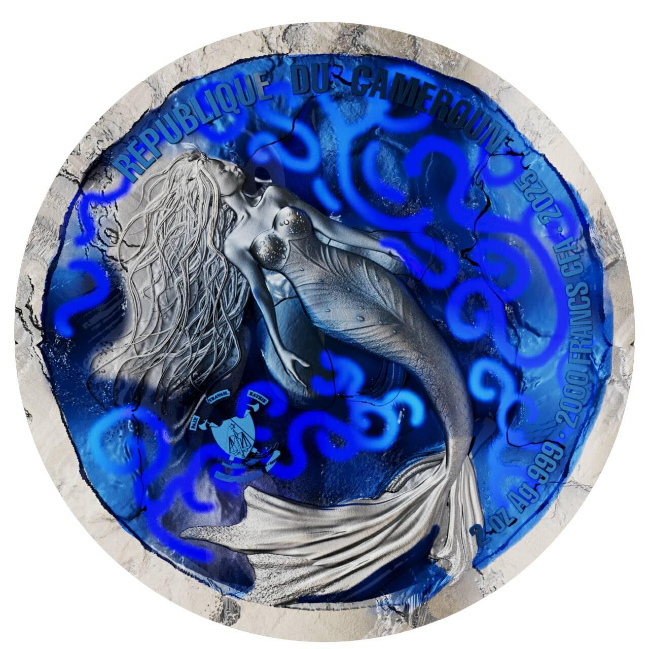 喀麦隆2025年海上诱惑系列美人鱼2盎司仿古荧光高浮雕纪念银币，仿古版本发行199枚