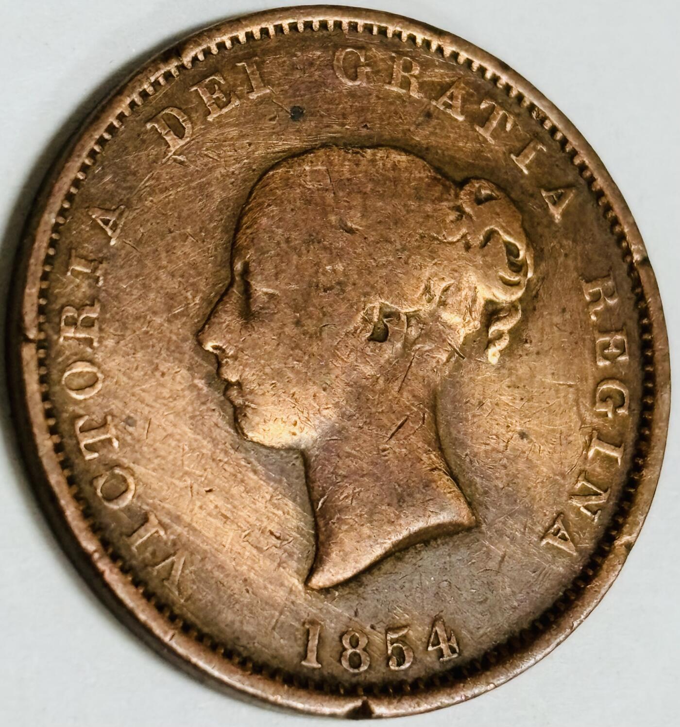 文馨钱币收藏第 282 场，【 长期接收代拍品】，加拿大老铜代用币，银币，德三系列场 稀少铜光品 英属布伦瑞克省1854 年1/2便士铜币 维多利亚女王