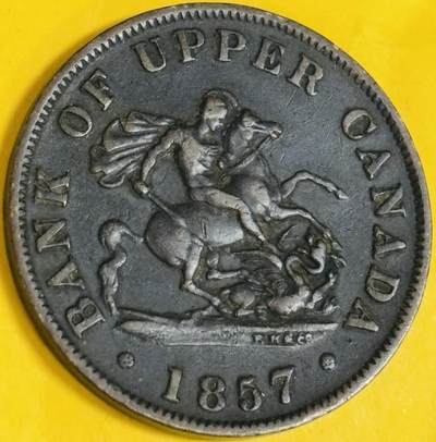 文馨钱币收藏第 282 场，【 长期接收代拍品】，加拿大老铜代用币，银币，德三系列场 - 稀少极美品加拿大1857 年圣乔治马剑屠龙1便士青铜币  TOKEN 代用币 巧克力包浆，难得一见三全美品