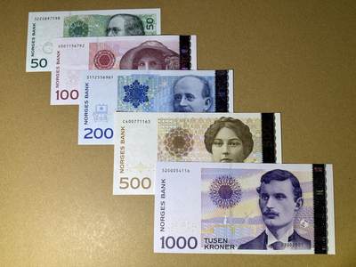 《艾美收藏》第221期-11.23周日黄金场精品荟萃 - 挪威50、100、200、500、1000克朗5张 UNC 90-00年代大全套 全部原票绝品