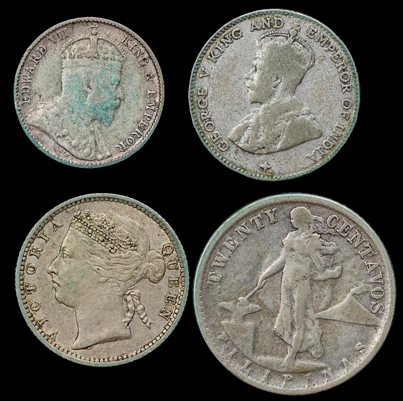 修遠堂世界钱币第九十四期 英属海峡，美属菲律宾小银币4枚 10.55g