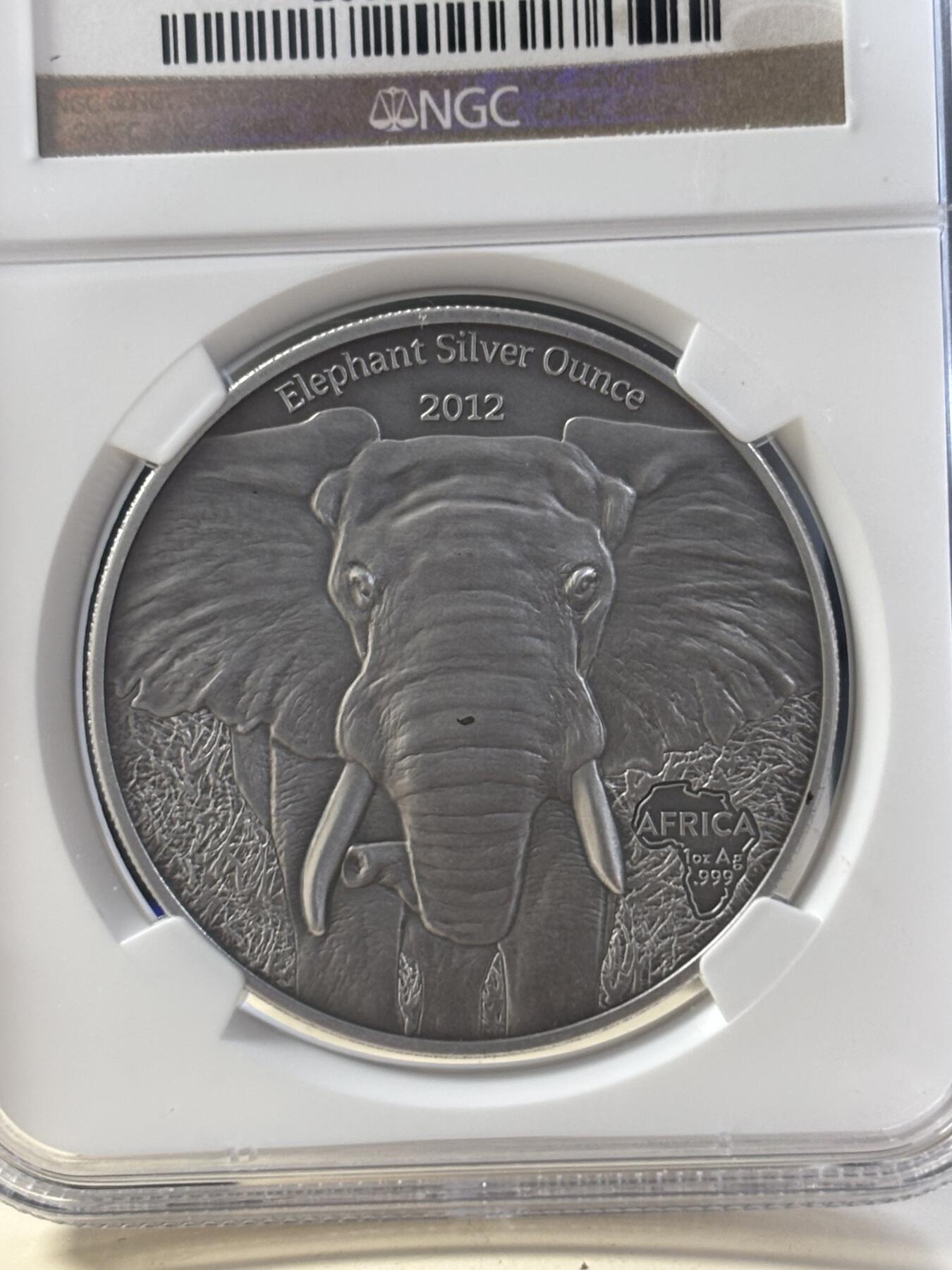 第182期拍卖 加蓬2012年非洲野生动物系列大象仿古银币NGC-MS68，1盎司，999银