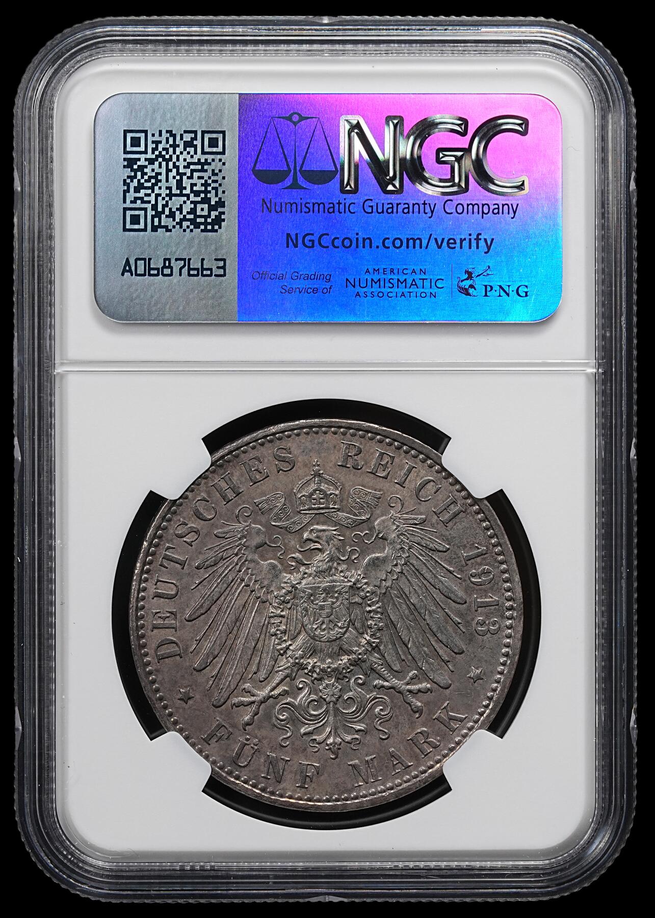 修遠堂世界钱币第九十四期 NGC AU55 1913年巴伐利亚5马克大银币