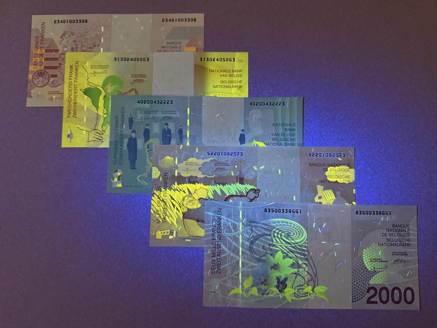 《艾美收藏》第221期-11.23周日黄金场精品荟萃 比利时100、200、500、1000、2000法郎5张UNC 末版 全部原票绝品 非常难得