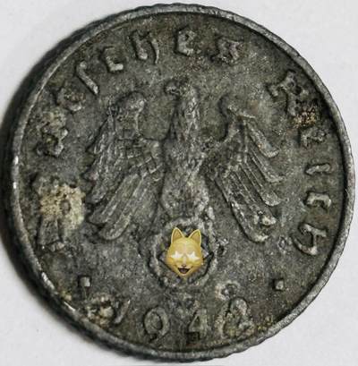 文馨钱币收藏第 282 场，【 长期接收代拍品】，加拿大老铜代用币，银币，德三系列场 - 极美品 1942 年德三帝国 5 芬尼锌币 A 标，锌币保存不易，品相佳，收藏不错