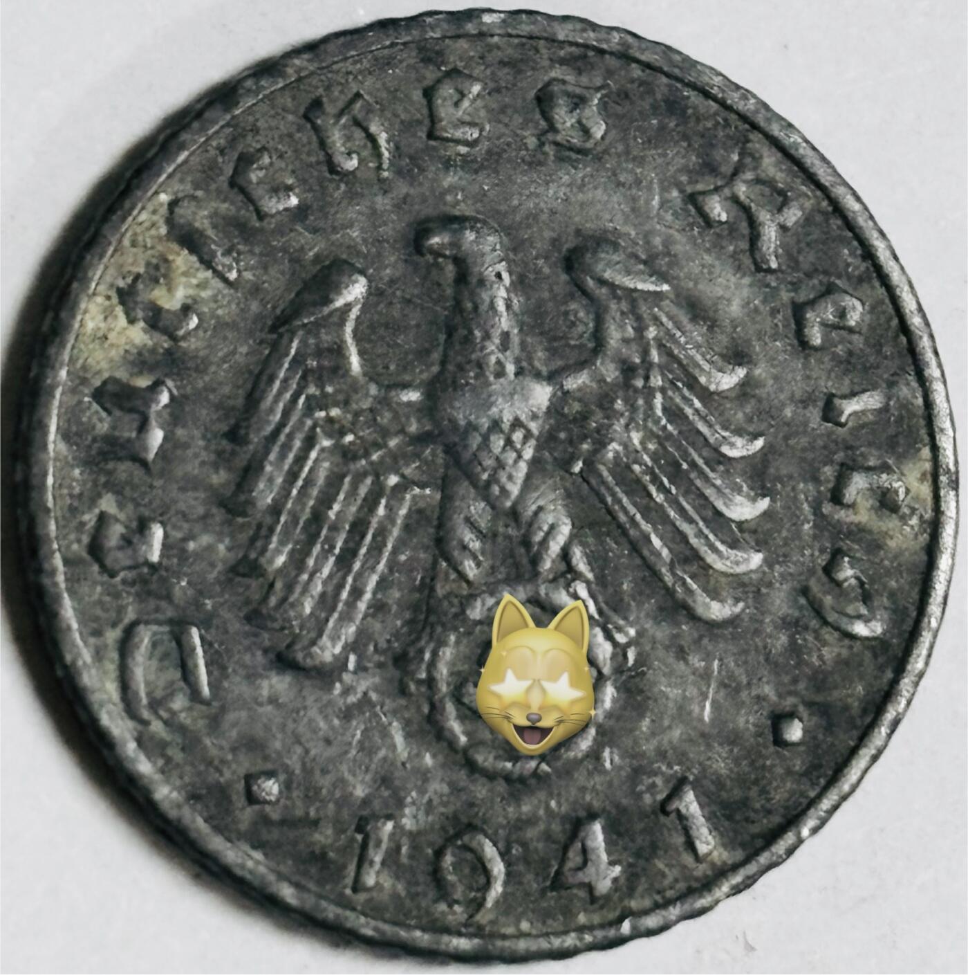 文馨钱币收藏第 282 场，【 长期接收代拍品】，加拿大老铜代用币，银币，德三系列场 极美品 1941 年德三帝国 5 芬尼锌币 B 标，锌币保存不易，品相佳，收藏不错