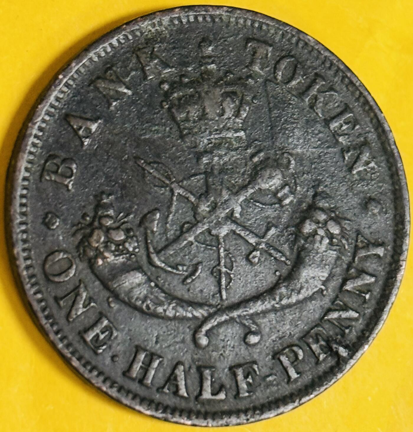 文馨钱币收藏第 282 场，【 长期接收代拍品】，加拿大老铜代用币，银币，德三系列场 稀少巧克力包浆英属加拿大：上加拿大1857 年1/2便士 马剑 铜币 