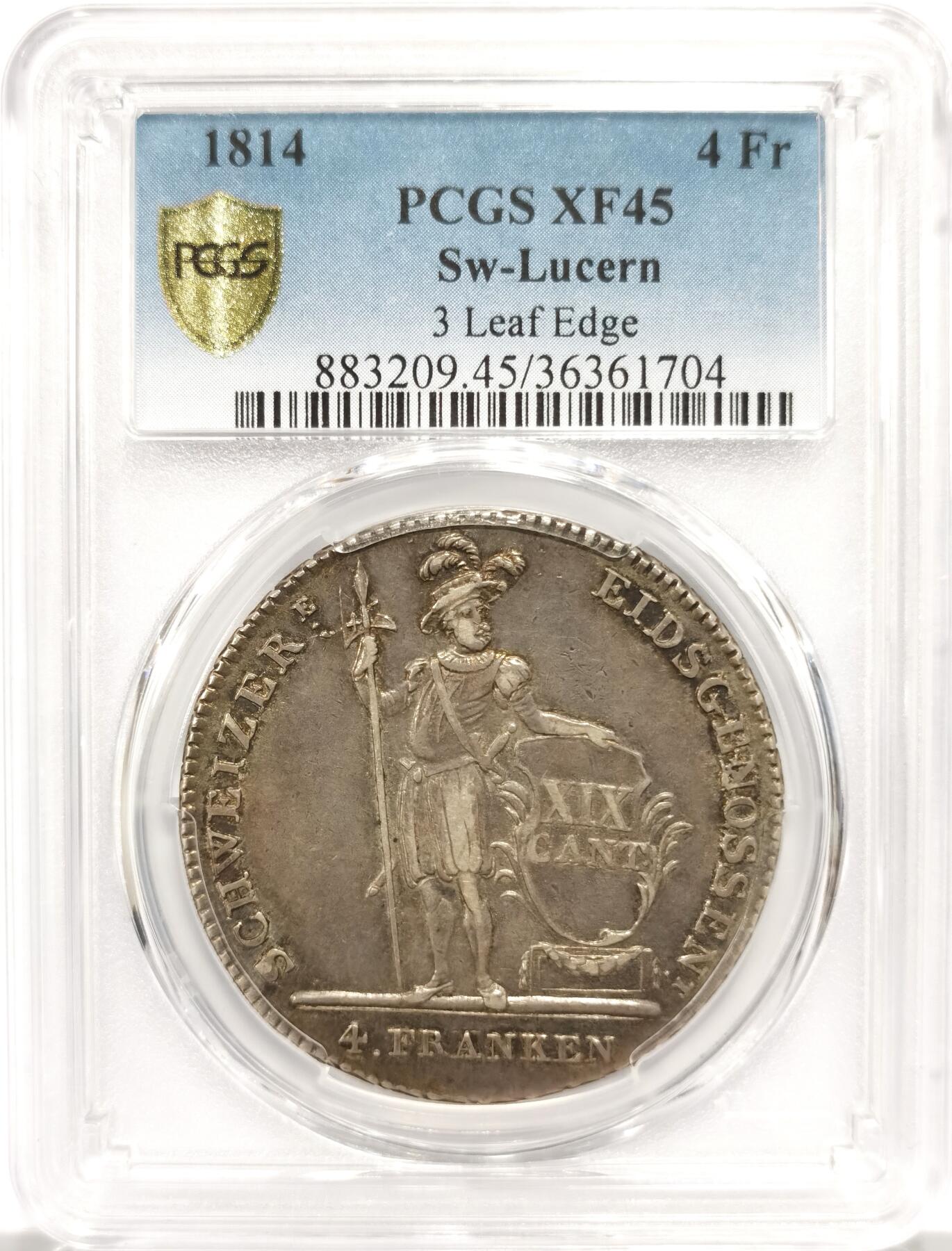博洋堂世界钱币拍卖第147期（全场包邮） PCGS XF45 1814年瑞士卢塞恩雇佣军4法郎大银币，原味酱彩打制极佳状态斐然，瑞士雇佣兵系列这几年一直是海外热门品种，麦稀奇此品种从未出现过ms级别足见其珍贵，同品种成交价普遍超过4000元