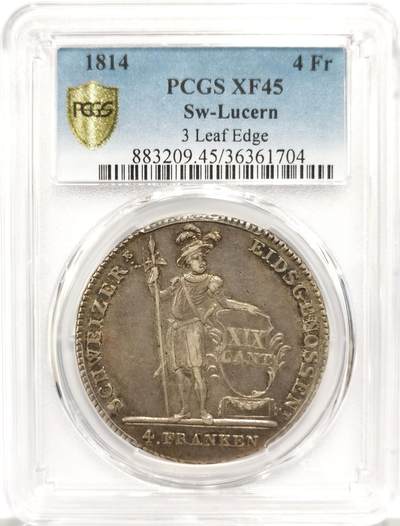 博洋堂世界钱币拍卖第147期（全场包邮） - PCGS XF45 1814年瑞士卢塞恩雇佣军4法郎大银币，原味酱彩打制极佳状态斐然，瑞士雇佣兵系列这几年一直是海外热门品种，麦稀奇此品种从未出现过ms级别足见其珍贵，同品种成交价普遍超过4000元