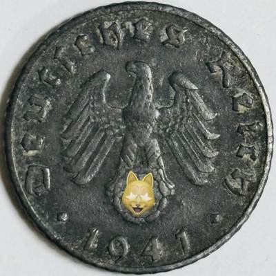 文馨钱币收藏第 282 场，【 长期接收代拍品】，加拿大老铜代用币，银币，德三系列场 - 极美品 1941 年德三帝国 5 芬尼锌币 B 标，锌币保存不易，品相佳，收藏不错