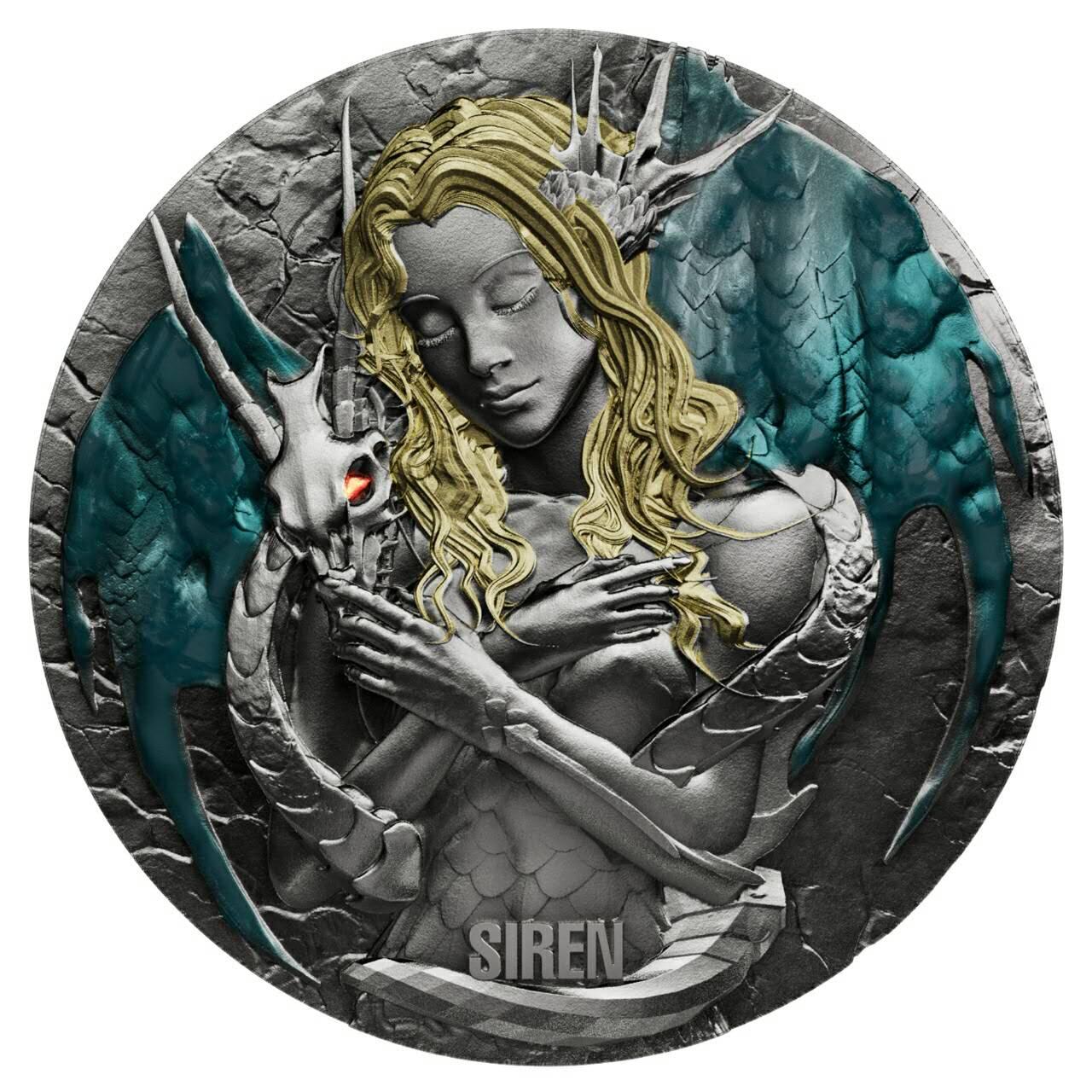 喀麦隆2025年海上诱惑系列美人鱼2盎司仿古荧光高浮雕纪念银币，仿古版本发行199枚